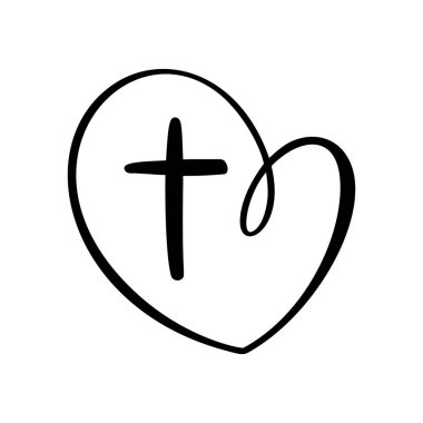 Beyaz Arkaplanda Cross yazan Vector Christian Logo Heart. İzole edilmiş El Çizimi Kaligrafi sembolü. Minimalist din simgesi