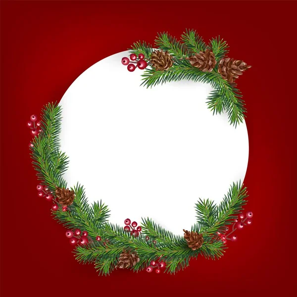 Sfondo con bordo di rami di albero di Natale dall'aspetto realistico decorati con bacche e coni. Biglietto di auguri con posto per testo — Vettoriale Stock