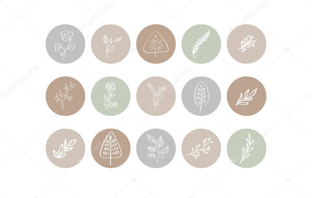 Highlight Cover Icon. Highlight Story Natural. Hand Drawn Floral Logo. Logo Template for photographer, fashion blogger, yoga studio. Monoline style Herb. Botanical Floral Illustrations