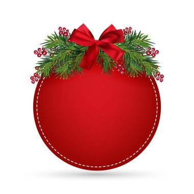 Noel tasarımı, fiyonklu gerçekçi kırmızı çerçeve. Yeni yıl ağacı süslemesi ve böğürtlenli dallar. Beyaz üzerine izole edilmiş vektör illüstrasyonu