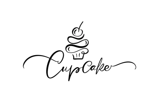 Cupcake vetor texto caligráfico com logotipo. Docinho doce com creme, elemento de design de modelo de emblema de sobremesa vintage. Candy bar aniversário ou convite de casamento —  Vetores de Stock