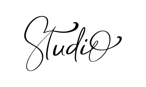 Estudio caligrafía dibujado a mano vector logotipo texto y etiqueta para cualquier uso, sobre un fondo blanco. Solo coloca tu propio nombre de marca — Vector de stock