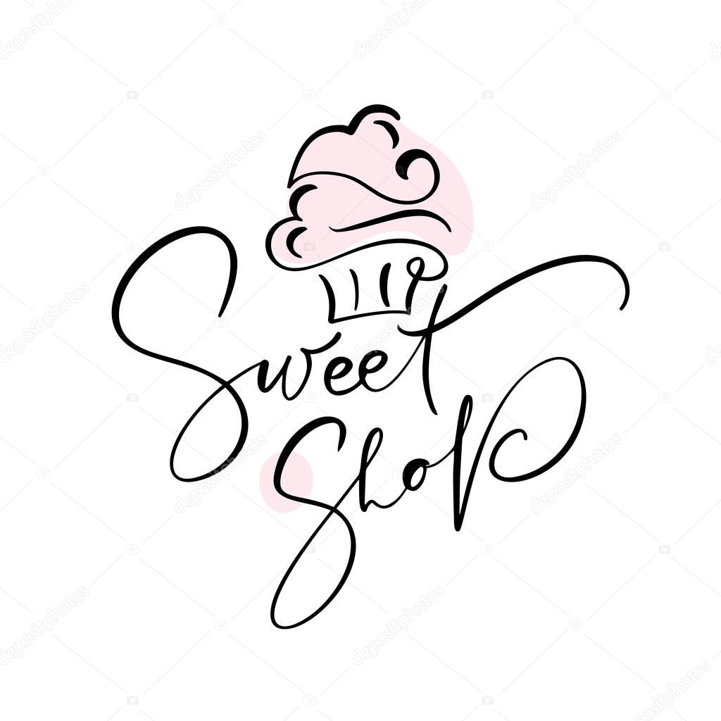 Sweet shop vector calligraphic text with logo. Sweet cupcake with cream, vintage dessert emblem template design element. Candy bar birthday or wedding invitation.