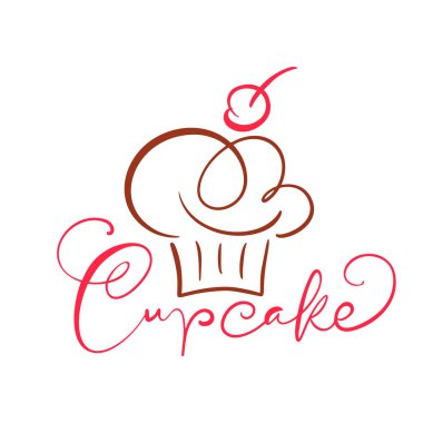 Logolu Cupcake vektör kaligrafik metin. Kremalı tatlı kek, klasik tatlı amblemi tasarım elementi. Şeker barı doğum günü ya da düğün davetiyesi