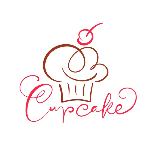 Cupcake vector kalligrafische tekst met logo. Zoete cupcake met room, vintage dessert embleem template design element. Snoep bar verjaardag of bruiloft uitnodiging — Stockvector