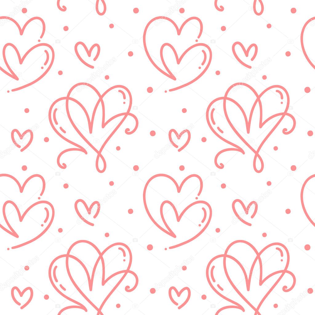 Cute monoline hearts seamless vector pattern. Valentines Day background. Marker drawn different heart shapes and dots. Hand drawn ornament love