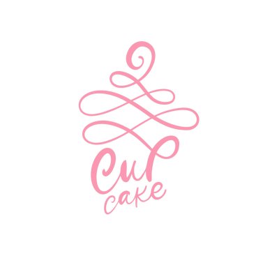 Cupcake vektörü logo ile kaligrafik metin oluşturur. Kremalı kek, klasik tatlı amblemi şablon tasarım elementi. Şeker barı doğum günü ya da düğün davetiyesi
