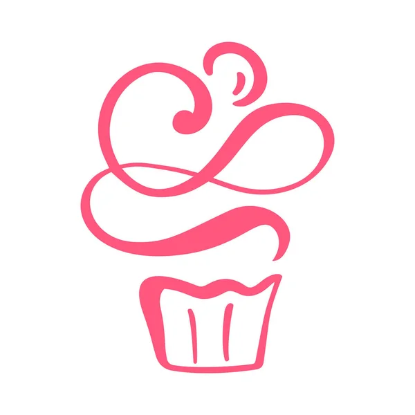 Логотип векторной каллиграфии торта. Сладкий кекс со сливками, винтажный десерт эмблема шаблона элемента дизайна иконка. День рождения или приглашение на свадьбу — стоковый вектор