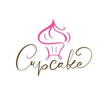 Logolu Cupcake vektör kaligrafik metin. Kremalı tatlı kek, klasik tatlı amblemi tasarım elementi. Şeker barı doğum günü ya da düğün davetiyesi