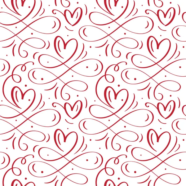 可爱的书法心形无缝矢量图案与繁茂的涡旋. 情人节海报背景。 手绘不同的心和花元素。 婚宴邀请函 — 图库矢量图片