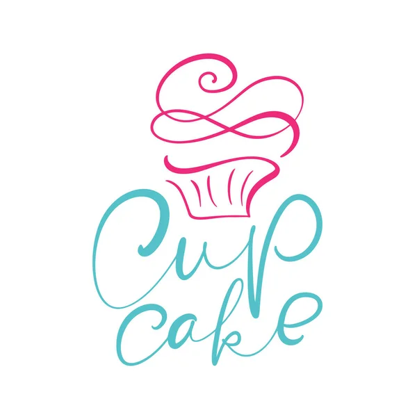 Cupcake vector kalligrafische tekst met logo. Zoete cupcake met room, vintage dessert embleem template design element. Snoep bar verjaardag of bruiloft uitnodiging — Stockvector
