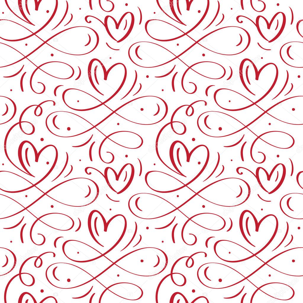 Cute calligraphy hearts seamless vector pattern with flourish swirl. Valentine poster background. Hand drawn different heart and floral elements. Wedding invitation