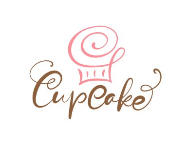 Logolu Cupcake vektör kaligrafik metin. Kremalı tatlı kek, klasik tatlı amblemi tasarım elementi. Şeker barı doğum günü ya da düğün davetiyesi