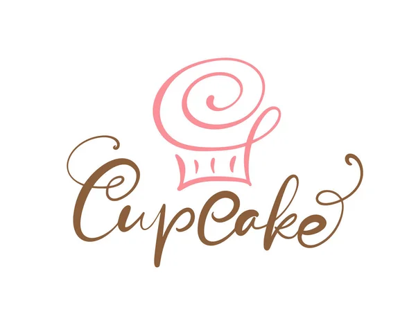 Cupcake vetor texto caligráfico com logotipo. Docinho doce com creme, elemento de design de modelo de emblema de sobremesa vintage. Candy bar aniversário ou convite de casamento —  Vetores de Stock