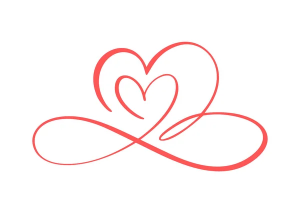 Dos amantes florecen rojo logotipo del corazón. Tarjeta de San Valentín hecho a mano caligrafía vector infinito. Decoración para tarjeta de felicitación, superposiciones de fotos, impresión de camiseta, folleto, diseño de póster — Archivo Imágenes Vectoriales