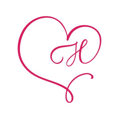 Vector Vintage çiçek baş harfleri H. Hattatlık elemanı logosu Valentine çerçevesi. Sayfa dekorasyonu ve tasarım çizimi için elle çizilmiş kalp işareti. Aşk düğün kartı veya davetiye