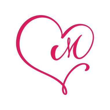 Vector Vintage çiçek baş harfleri M. Hattatlık elemanı logosu Valentine çerçevesi. Sayfa dekorasyonu ve tasarım çizimi için elle çizilmiş kalp işareti. Aşk düğün kartı veya davetiye