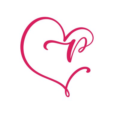 Vector Vintage çiçek baş harfleri P. Kaligrafi elemanı logosu Valentine çerçevesi. Sayfa dekorasyonu ve tasarım çizimi için elle çizilmiş kalp işareti. Aşk düğün kartı veya davetiye
