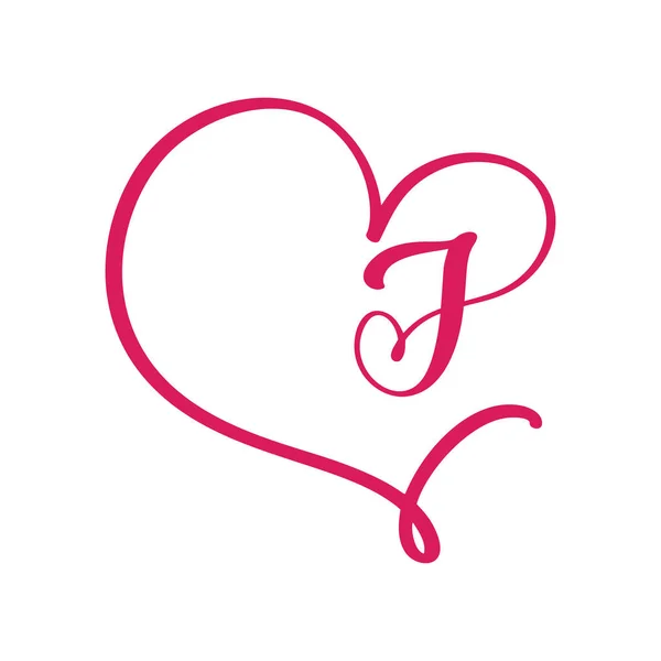 Vector Vintage floral monogram letter J. Calligraphy element logo Valentine flourish frame. Hand drawn heart sign for page decoration and design illustration. Love wedding card or invitation — Stock Vector