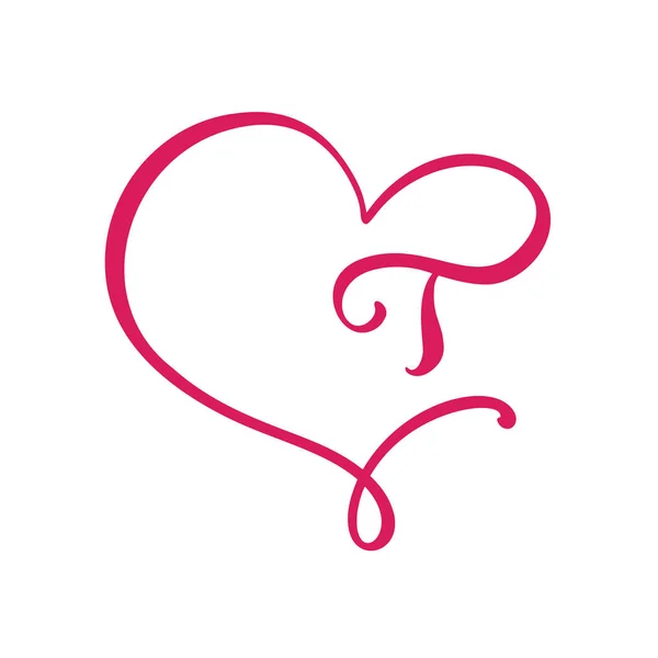 Vector Vintage floral monogram letter T. Calligraphy element logo Valentine flourish frame. Hand drawn heart sign for page decoration and design illustration. Love wedding card or invitation — Stock Vector