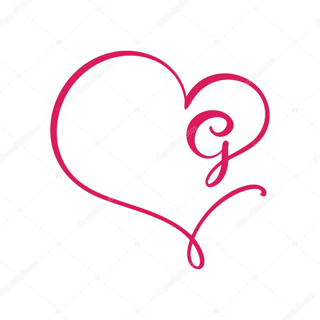 Vector Vintage floral monogram letter G. Calligraphy element logo Valentine flourish frame. Hand drawn heart sign for page decoration and design illustration. Love wedding card or invitation.