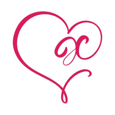 Vector Vintage çiçek desenli harf X. Kaligrafi elemanı logosu Valentine çerçevesi. Sayfa dekorasyonu ve tasarım çizimi için elle çizilmiş kalp işareti. Aşk düğün kartı veya davetiye