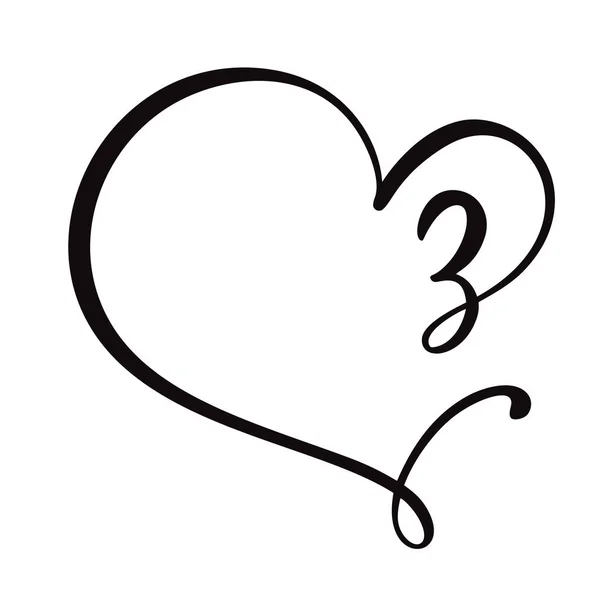 Vector Vintage floral monogram number three 3. Calligraphy element logo Valentine flourish frame. Hand drawn heart sign for page decoration and design illustration. Love wedding card or invitation — Stock Vector