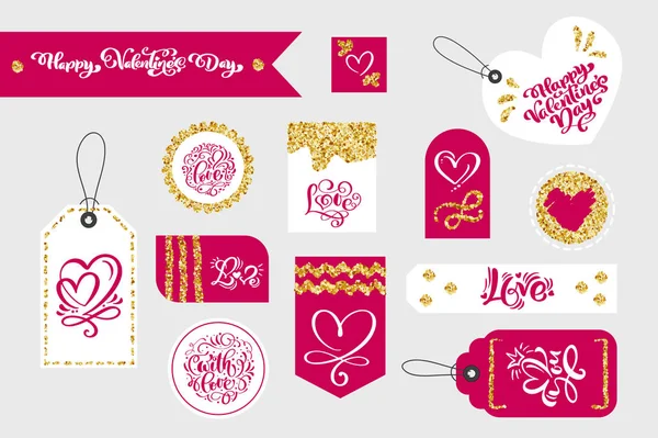 Set of Valentines Day gift tags typographic vector design with illustrations and wishes. Holiday valentine card badges and labels with love theme — Stock Vector