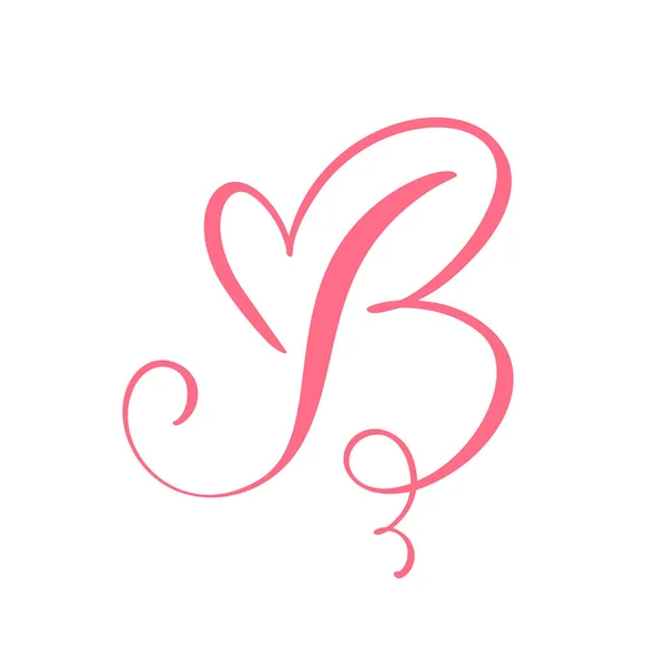 Vector Vintage lettre monogramme floral B. Calligraphie élément coeur logo Valentine carte fleurir cadre. Signe d'amour dessiné à la main pour décoration de page et illustration design — Image vectorielle