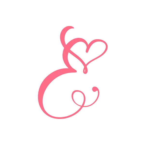 Vector Vintage lettre monogramme floral E. Calligraphie élément coeur logo Valentine carte fleurir cadre. Signe d'amour dessiné à la main pour décoration de page et illustration design — Image vectorielle