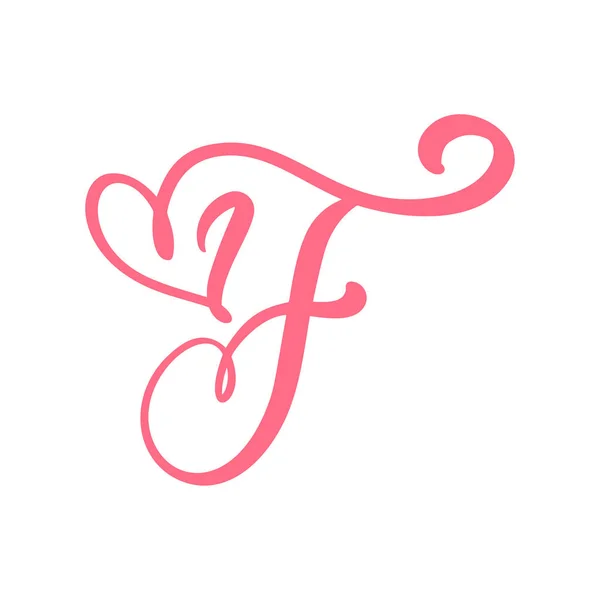 Vector Vintage lettre monogramme floral F. Calligraphie élément coeur logo Valentine carte fleurir cadre. Signe d'amour dessiné à la main pour décoration de page et illustration design — Image vectorielle