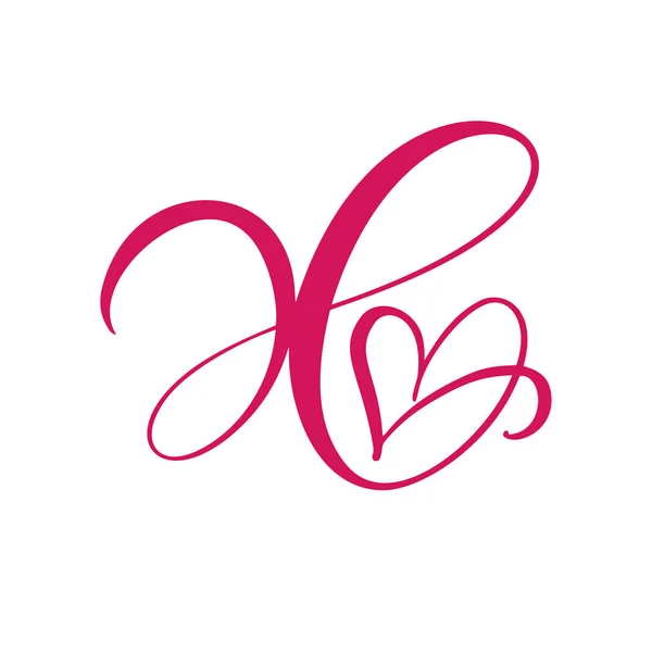 Vector Vintage çiçekli harf X. Kaligrafi elemanı kalp logosu Sevgililer Günü kartı çerçevesi. Sayfa dekorasyonu ve tasarım illüstrasyonu için el çizimi Aşk işareti — Stok Vektör