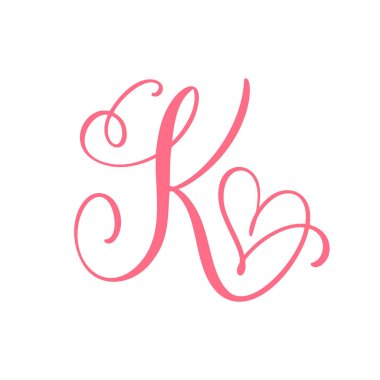 Vector Vintage floral monogram letter K. Calligraphy element heart logo Valentine card flourish frame. Hand drawn Love sign for page decoration and design illustration