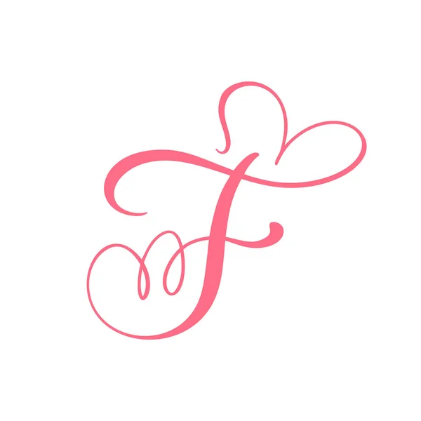 Vector Vintage lettre monogramme floral F. Calligraphie élément coeur logo Valentine carte fleurir cadre. Signe d'amour dessiné à la main pour décoration de page et illustration design — Image vectorielle