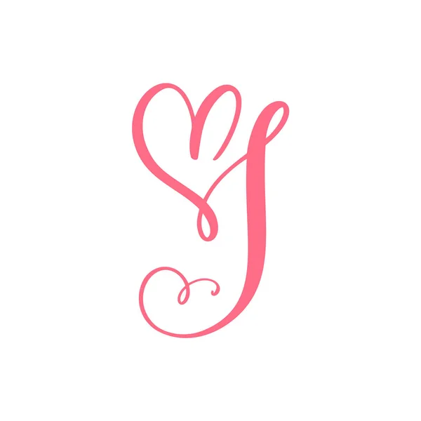 Vector Vintage floral monogram letter I. Calligraphy element heart logo Valentine card flourish frame. Hand drawn Love sign for page decoration and design illustration — 스톡 벡터