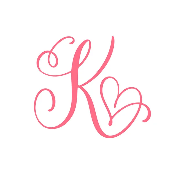 Vector Vintage kwiatowy monogram litera K. Element kaligrafii serce logo Walentynki karty kwitną ramki. Ręcznie rysowane znak miłości do dekoracji strony i ilustracji projektu — Wektor stockowy