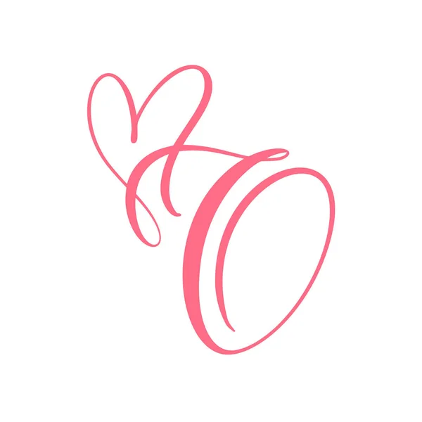 Vector Vintage floral monogram letter O. Calligraphy element heart logo Valentine card flourish frame. Hand drawn Love sign for page decoration and design illustration — 스톡 벡터