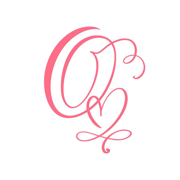 Vector Vintage floral monogram letter Q. Calligraphy element heart logo Valentine card flourish frame. Hand drawn Love sign for page decoration and design illustration