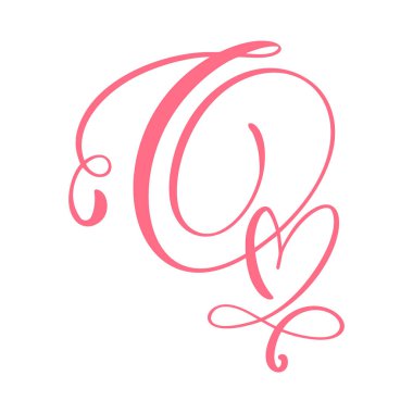 Vector Vintage çiçek monogramı harfi Q. Kaligrafi elemanı kalp logosu Sevgililer Günü kartı çerçevesi. Sayfa dekorasyonu ve tasarım illüstrasyonu için el çizimi Aşk işareti