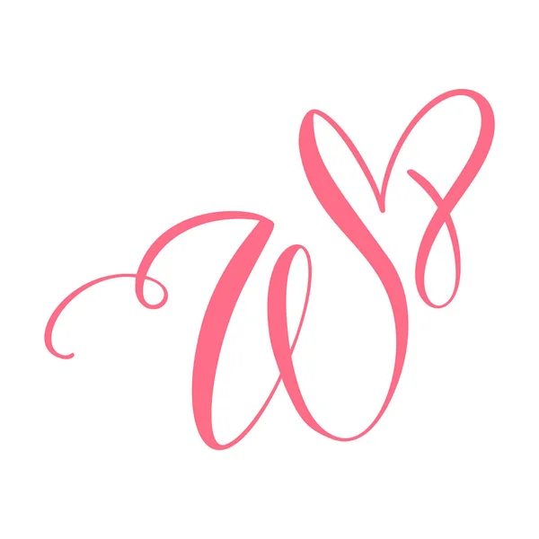 Vector Vintage floral monogram letter W. Calligraphy element heart logo Valentine card flourish frame. Hand drawn Love sign for page decoration and design illustration — 스톡 벡터