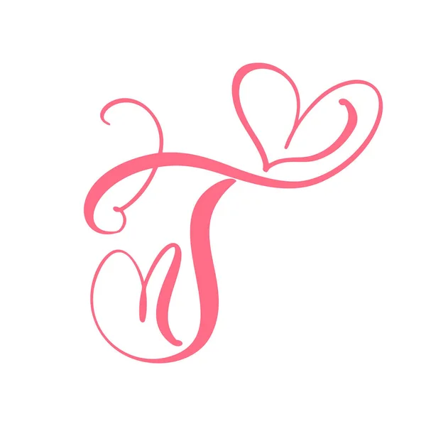Vector Vintage carta monograma floral T. Caligrafia elemento logotipo do coração cartão dos namorados florescer quadro. Sinal de amor desenhado à mão para decoração de página e ilustração de design —  Vetores de Stock