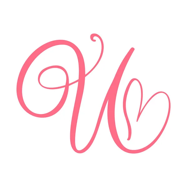 Vector Vintage floral monogram letter U. Kalligrafie element hart logo Valentijnskaart floreren frame. Handgetekend Liefde teken voor pagina decoratie en design illustratie — Stockvector