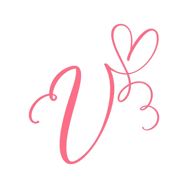Vector Vintage floral monograma letra V. Caligrafía elemento corazón logotipo tarjeta San Valentín florecer marco. Señal de amor dibujada a mano para decoración de página e ilustración de diseño — Archivo Imágenes Vectoriales