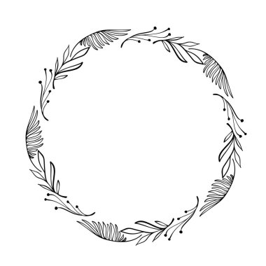 El çizimi vektör çerçevesi. Düğün ve tatil için yapraklı çiçek çelengi. Tasarım için dekoratif elementler. İzole edilmiş