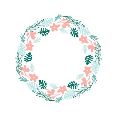 Vektör İskandinav çiçeği ve çerçeve bırakır. Süslü çiçek çember tasarımı. Bitki süslemeli bahar çiçeği çelengi