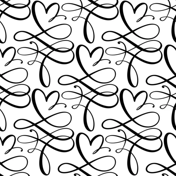 Lindo patrón de vectores sin costuras corazones caligrafía con remolino florecer. Fondo del cartel de Valentine. Diferentes elementos florales y de corazón dibujados a mano. Invitación boda — Archivo Imágenes Vectoriales
