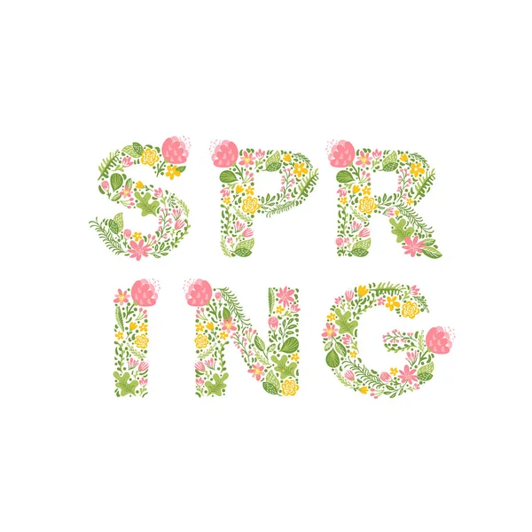 Texte Spring Vector Design. Feuilles et fleurs Lettrage pour carte de vœux, affiche, bannière — Image vectorielle