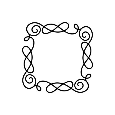 Flourish Monoline vektör çerçeve çizimi. Logo, davetiye, düğün, hediyeler, fotoğraflar, monogram için el yazısı tarzı klasik süs. Basit, basit, güzel kart.