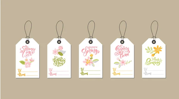 Conjunto de plantillas de etiquetas creativas lindo con diseño de tema de flores y caligrafía texto de primavera letterign. Ilustración vectorial dibujada a mano. Colores pastel — Archivo Imágenes Vectoriales