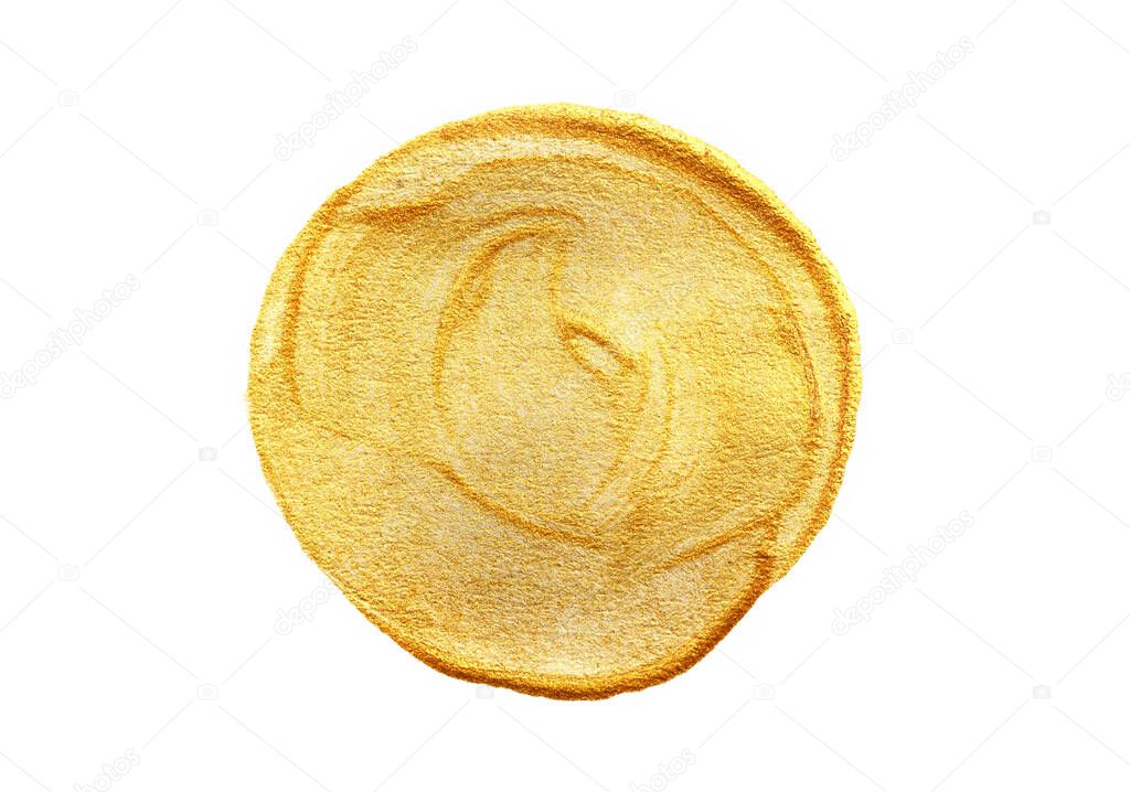 Gold painted circle. Acrylic round shape brush. Design element isolated on white background